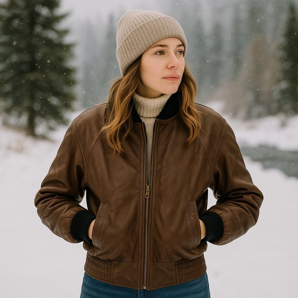 Paris Sport Club Brown Leather Bomber Women's Jacket - Size Large